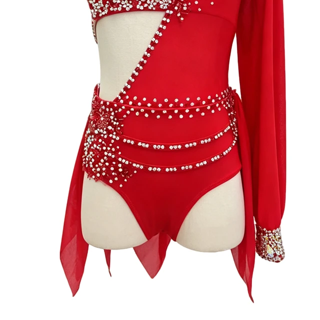 Red Rhinestone Asymmetrical Lyrical Dance Costume | BLC1381