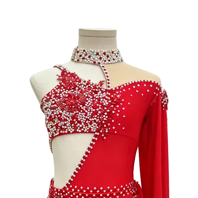 Red Rhinestone Asymmetrical Lyrical Dance Costume | BLC1381