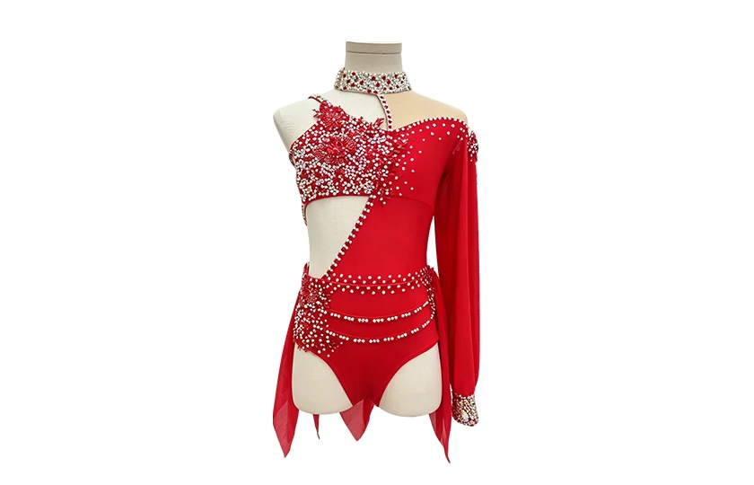 Red Rhinestone Asymmetrical Lyrical Dance Costume | BLC1381