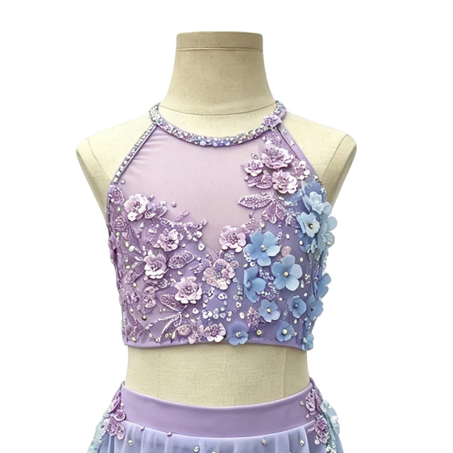 Purple Blue Ombre 2-Piece Floral Lyrical Dance Outfit | G026