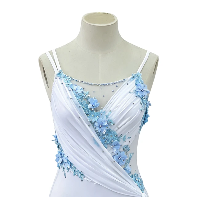 White with Light Blue Floral Lyrical Dance Leotard Dress | R0998