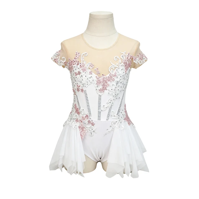 White with Pink Lace Rhinestone Lyrical Dance Dress | G030