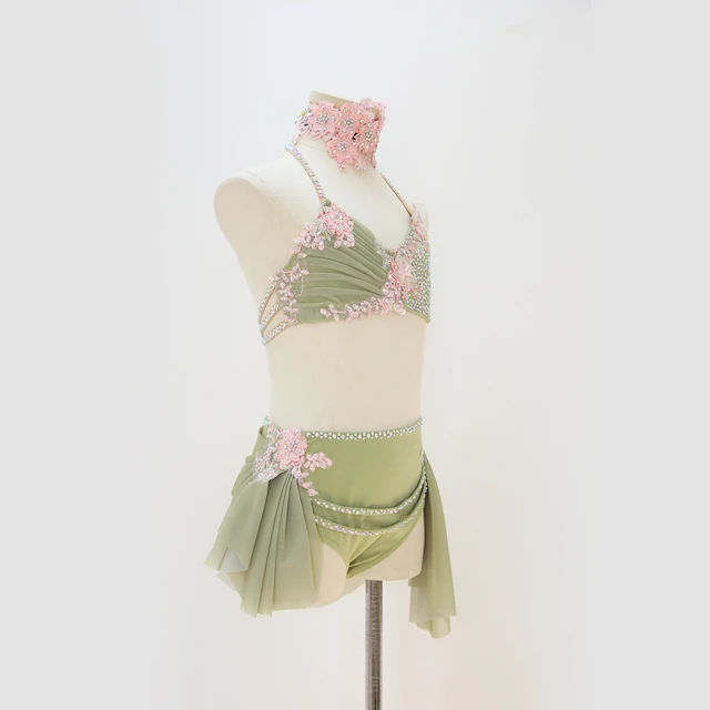 Sage Green Rhinestone Halter 2-Piece Lyrical Dance Costume | G003