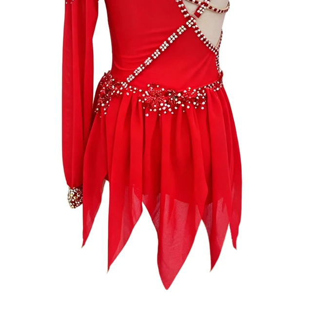Red Rhinestone Asymmetrical Lyrical Dance Costume | BLC1381