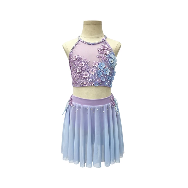 Purple Blue Ombre 2-Piece Floral Lyrical Dance Outfit | G026