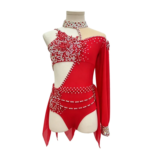 Red Rhinestone Asymmetrical Lyrical Dance Costume | BLC1381