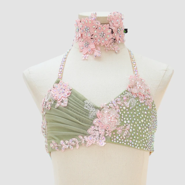 Sage Green Rhinestone Halter 2-Piece Lyrical Dance Costume | G003
