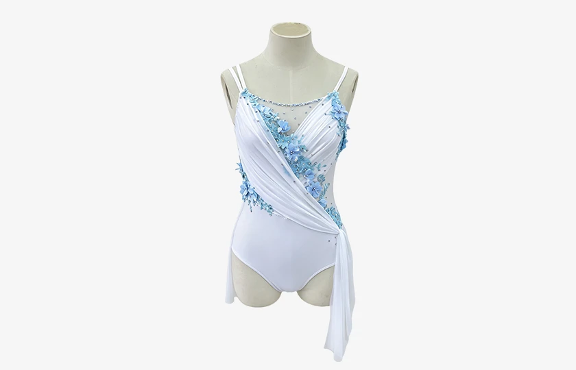 White with Light Blue Floral Lyrical Dance Leotard Dress | R0998