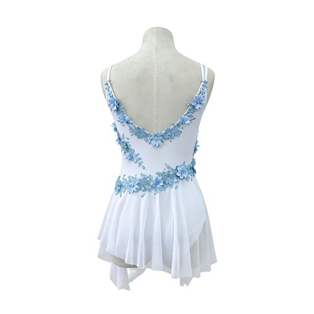 White with Light Blue Floral Lyrical Dance Leotard Dress | R0998
