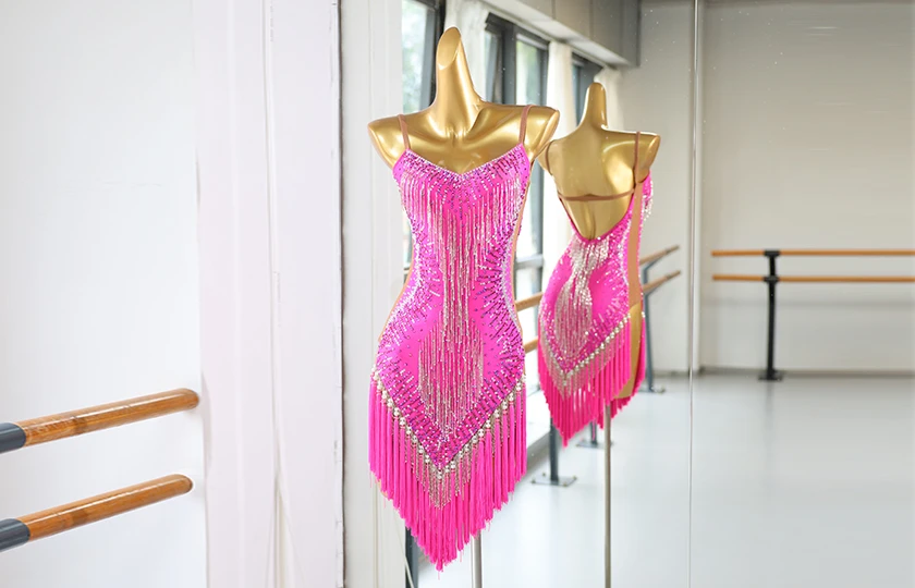 Hot Pink Fringe Rhinestone Latin Dance Dress | LD001
