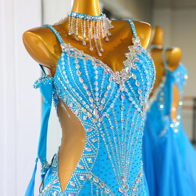 Sky Blue Rhinestone Standard Latin & Ballroom Dance Dress | LD018