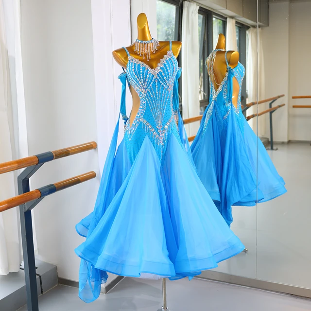 Sky Blue Rhinestone Standard Latin & Ballroom Dance Dress | LD018
