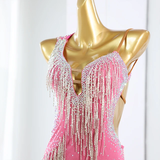 Pink Fringe Rhinestone Latin Dance Dress | LD005