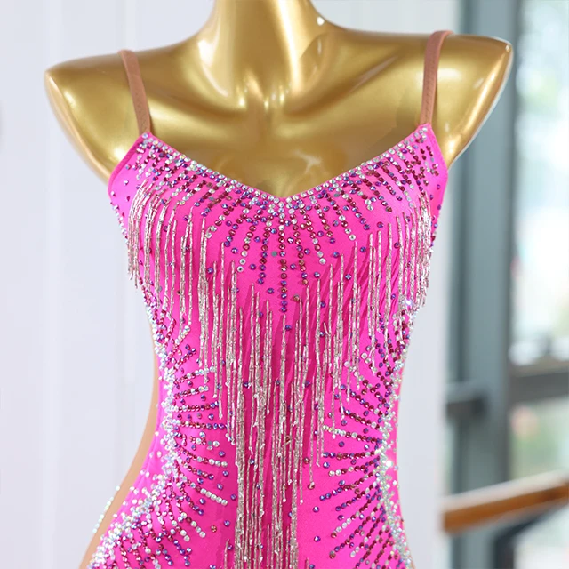 Hot Pink Fringe Rhinestone Latin Dance Dress | LD001