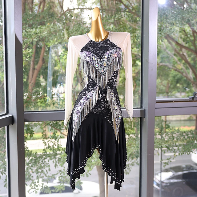 Black White Lace Fringe Rhinestone Latin Dance Dress | LD009