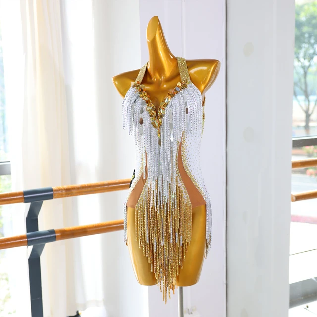 White Gold Fringe Rhinestone Latin Dance Dress | LD020