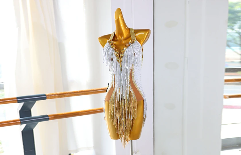 White Gold Fringe Rhinestone Latin Dance Dress | LD020