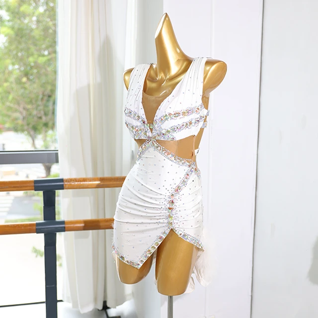 White Feather Rhinestone Latin Dance Dress | LD004