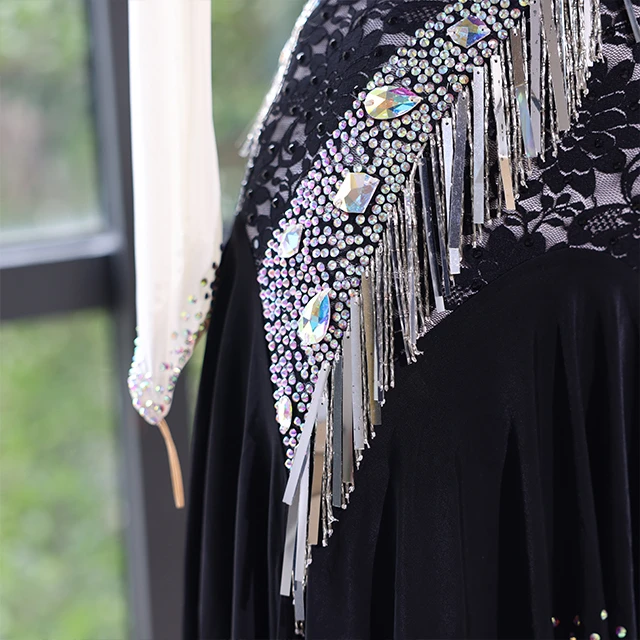Black White Lace Fringe Rhinestone Latin Dance Dress | LD009