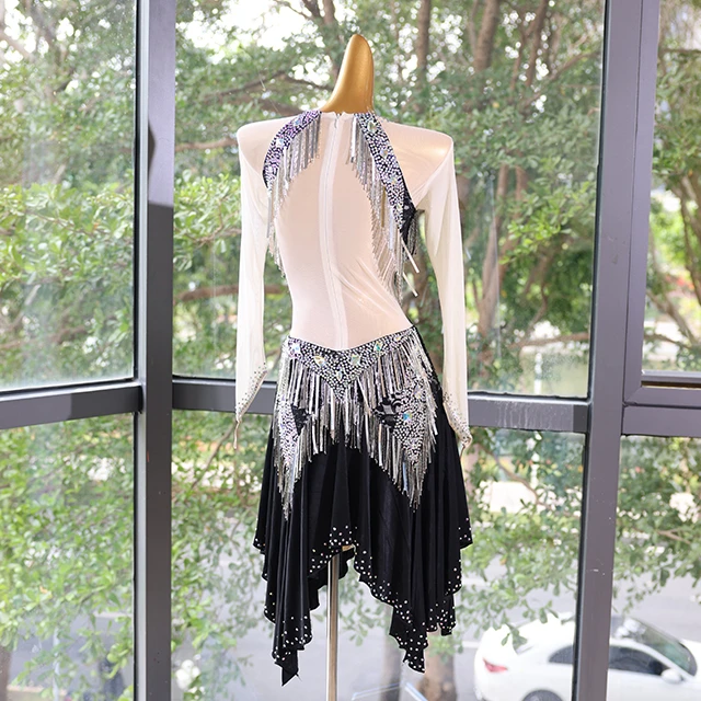 Black White Lace Fringe Rhinestone Latin Dance Dress | LD009