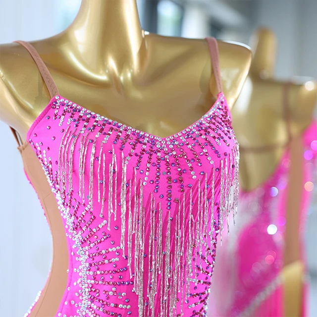 Hot Pink Fringe Rhinestone Latin Dance Dress | LD001