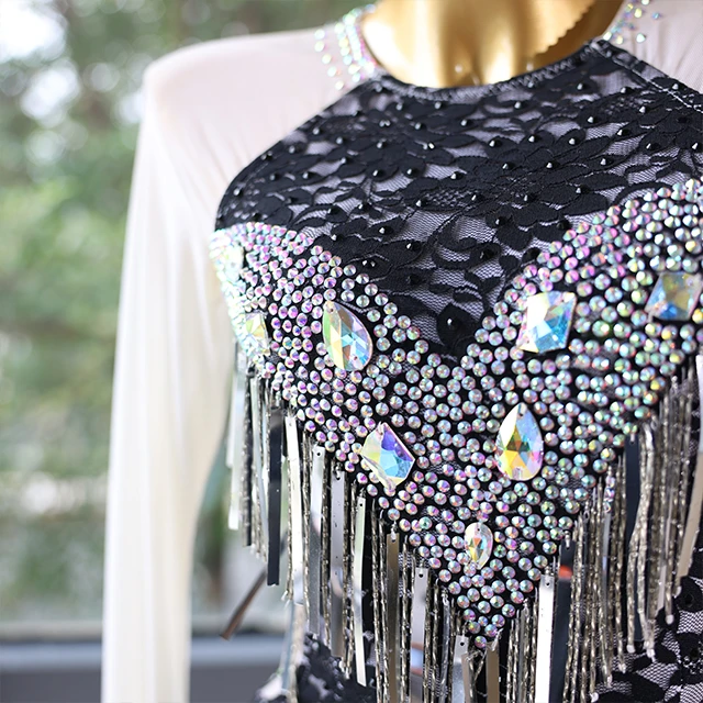 Black White Lace Fringe Rhinestone Latin Dance Dress | LD009