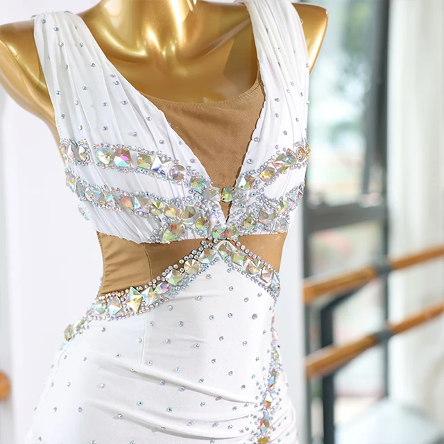 White Feather Rhinestone Latin Dance Dress | LD004