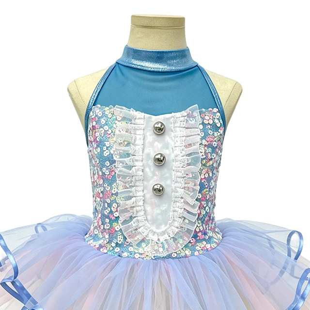 Light Blue Halter Sequin Mesh Kids Tap & Jazz Dance Tutu Dress | XGZ0296