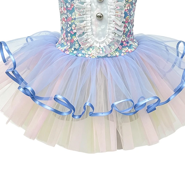 Light Blue Halter Sequin Mesh Kids Tap & Jazz Dance Tutu Dress | XGZ0296