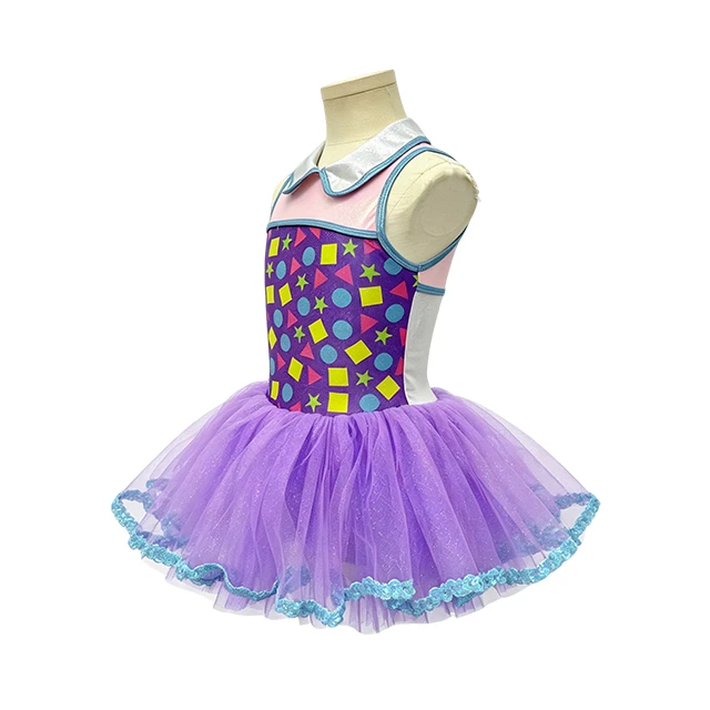 Colorful Geometric Print Collared Kids Tap & Jazz Dance Tutu Dress | XGZ0283