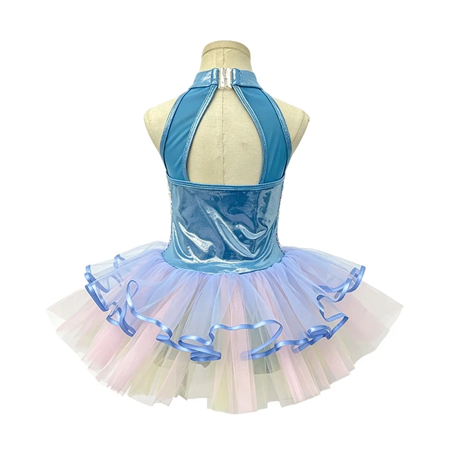 Light Blue Halter Sequin Mesh Kids Tap & Jazz Dance Tutu Dress | XGZ0296