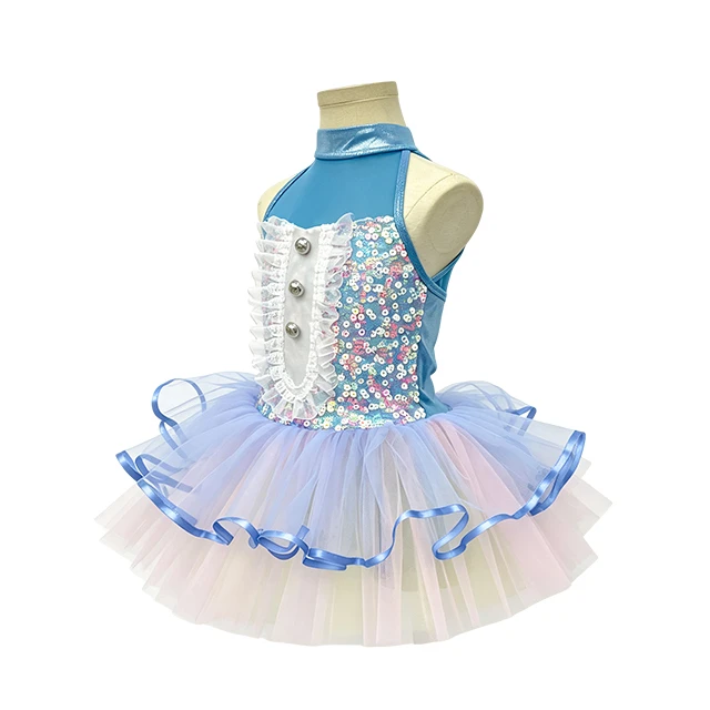 Light Blue Halter Sequin Mesh Kids Tap & Jazz Dance Tutu Dress | XGZ0296
