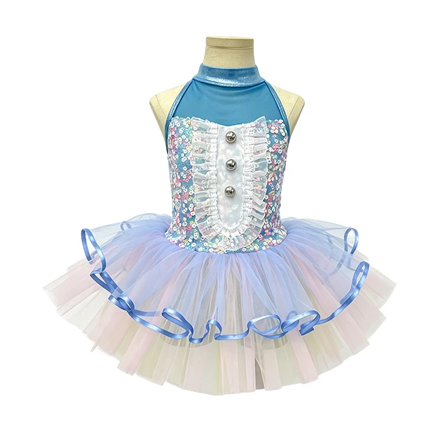 Light Blue Halter Sequin Mesh Kids Tap & Jazz Dance Tutu Dress | XGZ0296