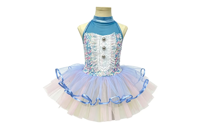 Light Blue Halter Sequin Mesh Kids Tap & Jazz Dance Tutu Dress | XGZ0296