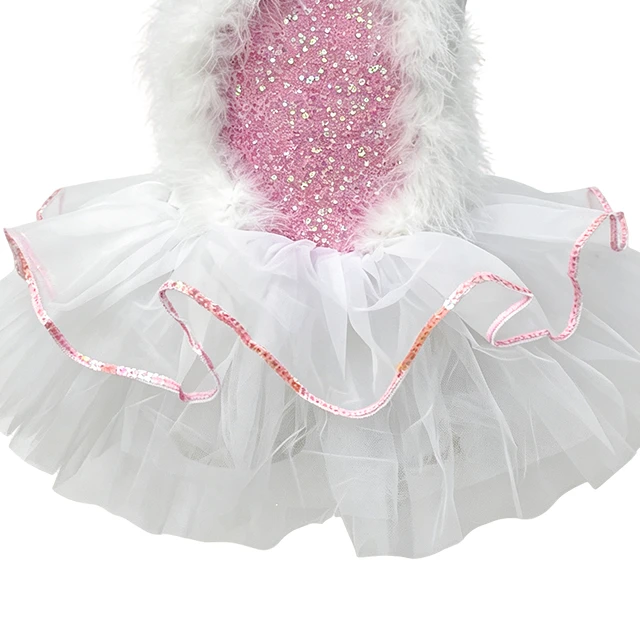 White & Pink Sequin Feather Girls Halter Ballet Tutu Dress | XGZ0298