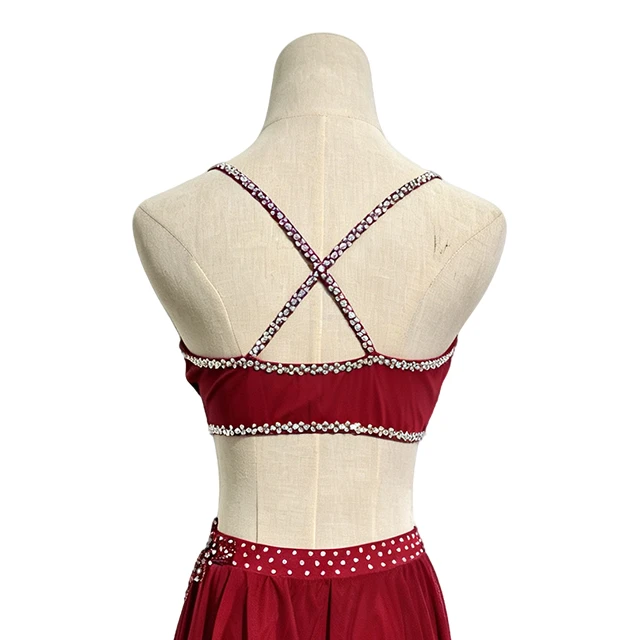 Burgundy Rheinstone Asymmetrical Lyrical Dance Costume|BLC1834