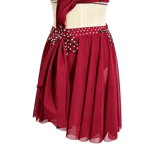 Burgundy Rheinstone Asymmetrical Lyrical Dance Costume|BLC1834