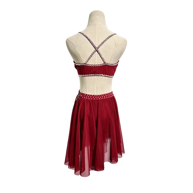 Burgundy Rheinstone Asymmetrical Lyrical Dance Costume|BLC1834