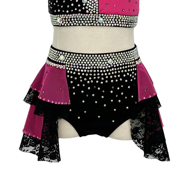 Red Black Color-blocked Design Rhinestone Lyrical Jazz Leotard|BLC2113