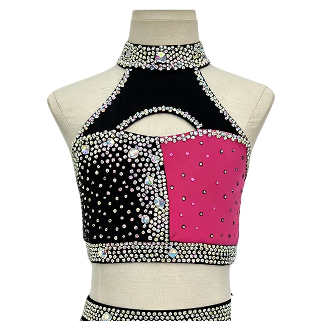 Red Black Color-blocked Design Rhinestone Lyrical Jazz Leotard|BLC2113