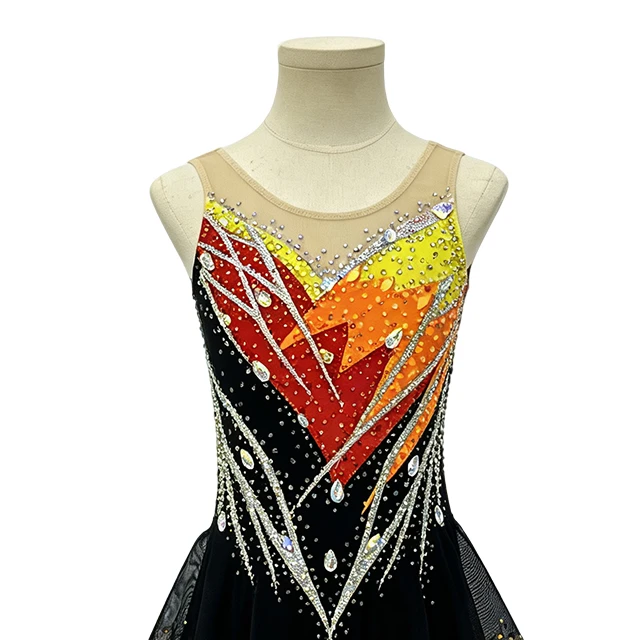 Black Yellow Color-blocked Design Rhinestone Gymnastics Sleeveless Costume|G121