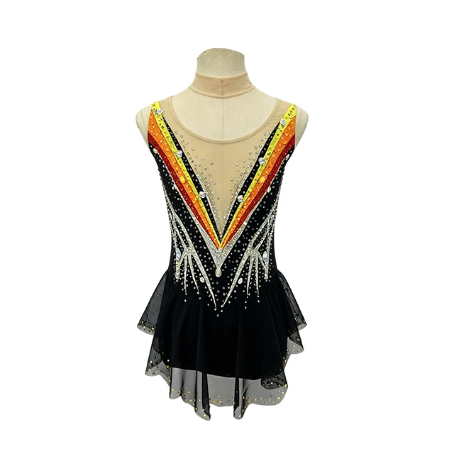 Black Yellow Color-blocked Design Rhinestone Gymnastics Sleeveless Costume|G121