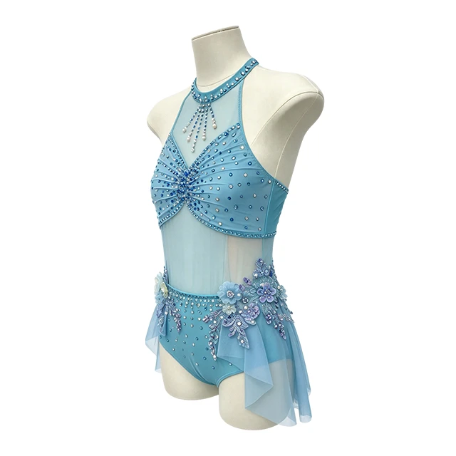 Blue Halter-neck Rhinestone 3D Flower Skirt Lyrical Stage Costume|G130