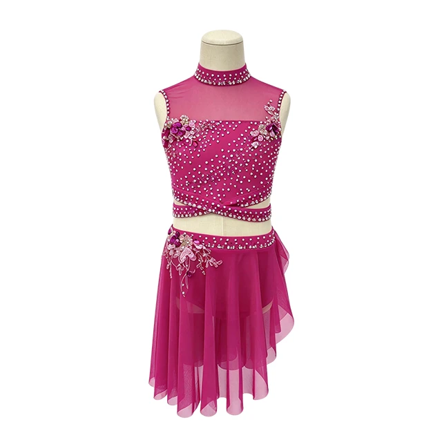 Rose Pink 2 pcs Seperate Rhinestone Lyrical Performance Costume|G127
