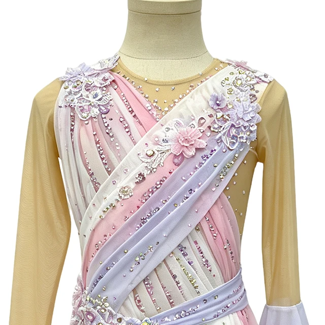 Pink Lyrical Color-blocked Design Rhinestone Gymnastics Leotard|G123