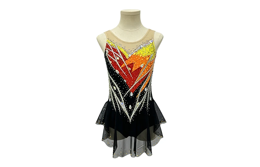 Black Yellow Color-blocked Design Rhinestone Gymnastics Sleeveless Costume|G121