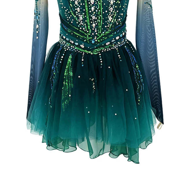 Green Long-sleeves Rhinestone Gymnastics Performance Costume|G122