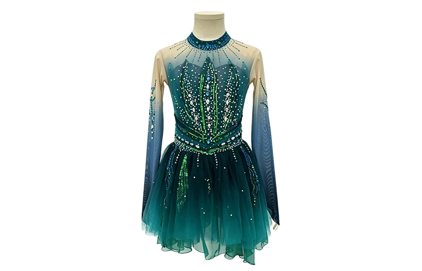 Green Long-sleeves Rhinestone Gymnastics Performance Costume|G122