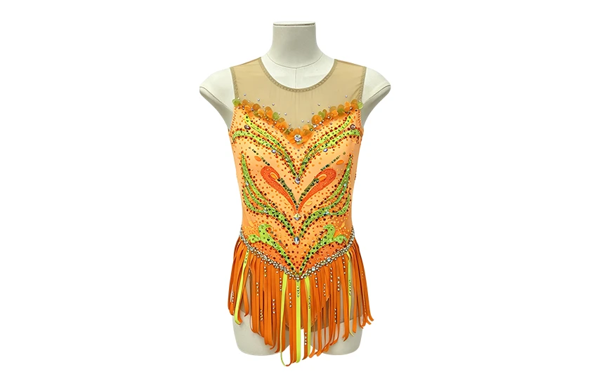 Yellow Rhinestone Flower Decoration Fluffy Skirt Hem Gymnastics Costume|G124