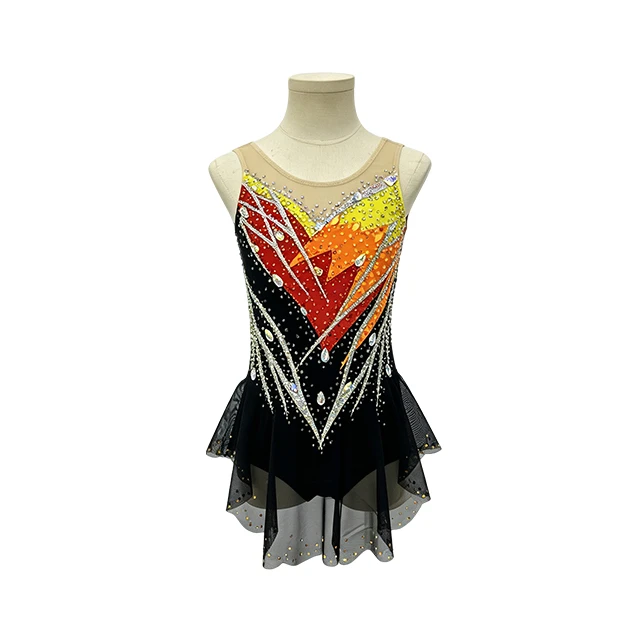 Black Yellow Color-blocked Design Rhinestone Gymnastics Sleeveless Costume|G121